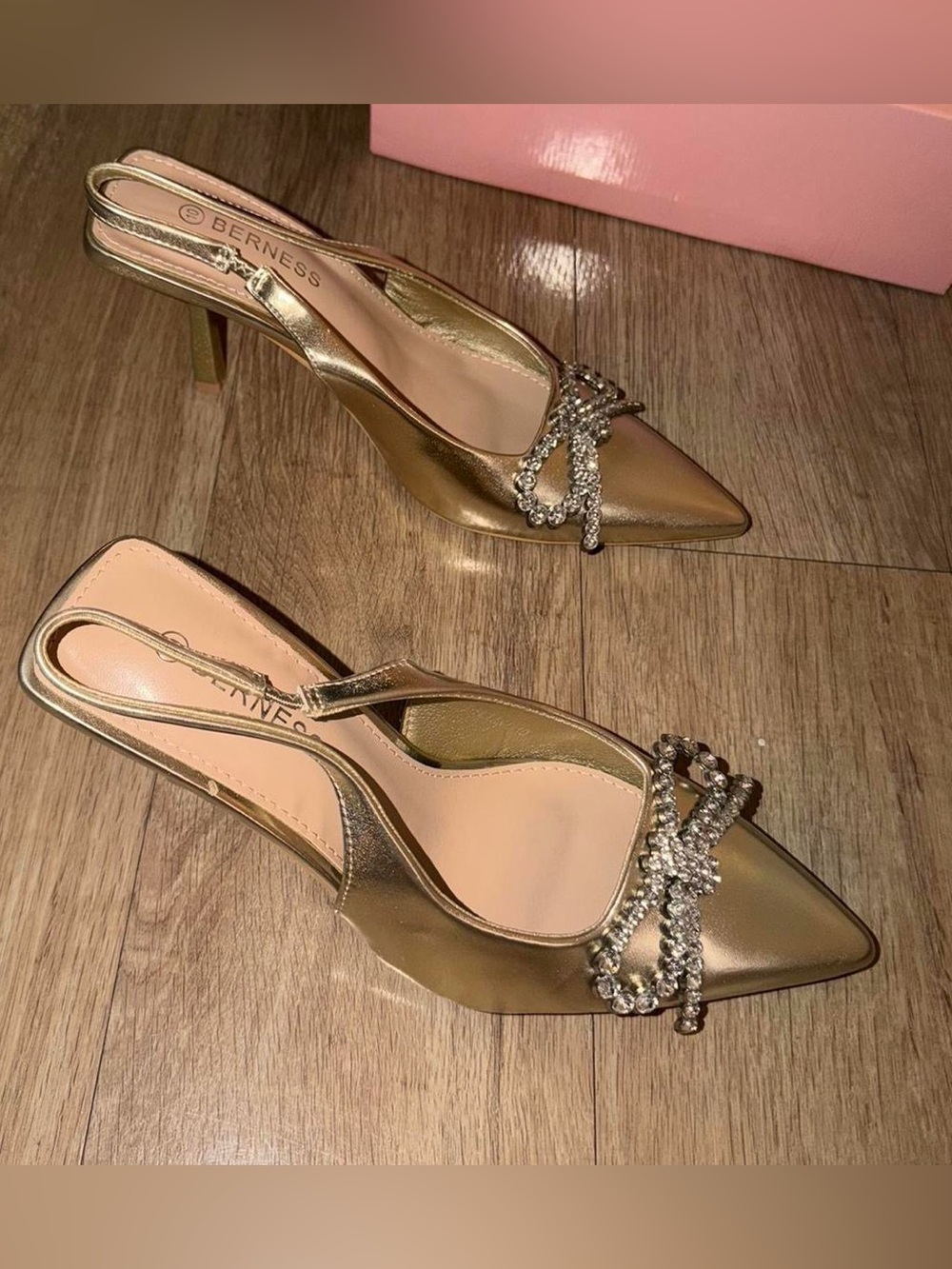 Gold Embellished Pointed-Toe Slingback Heels - Picture 4 of 6